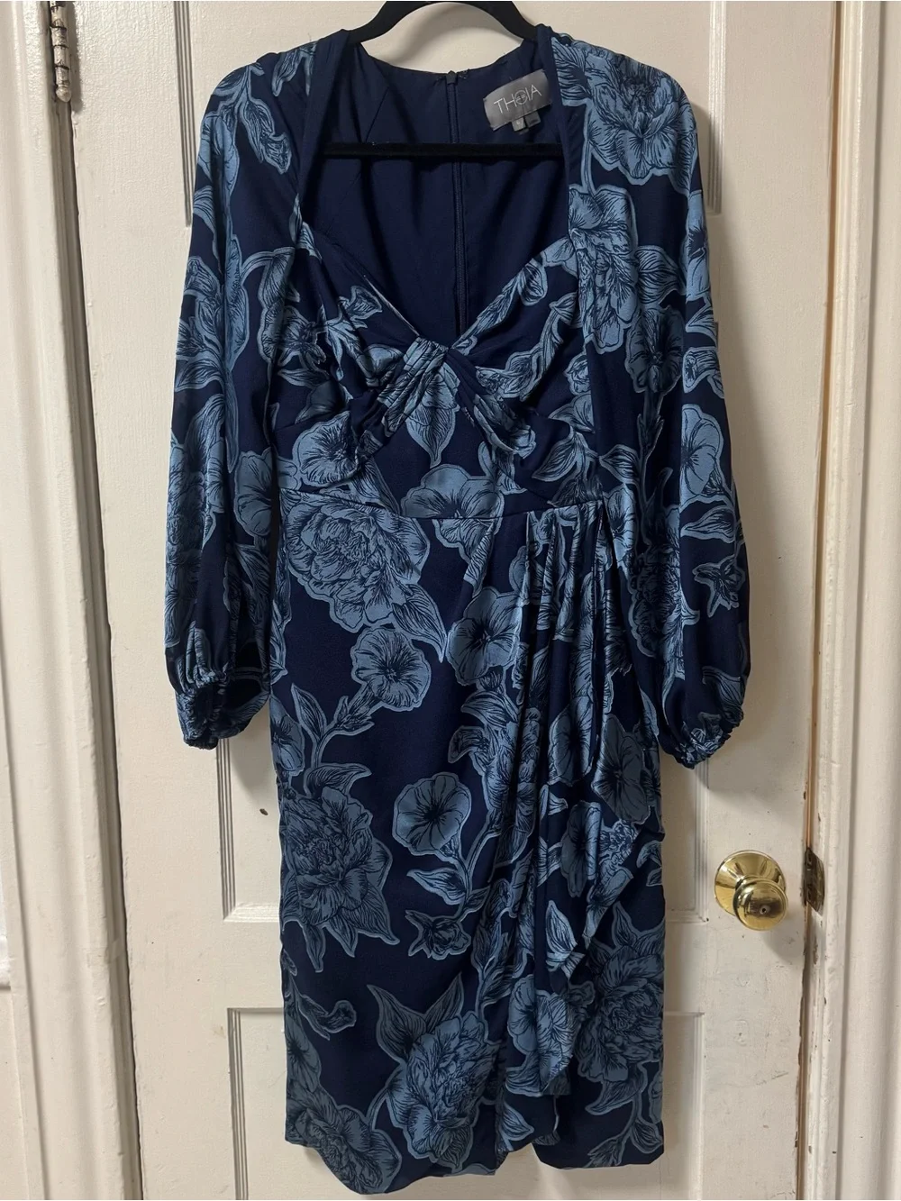Theia Joslyn Bishop Sleeve Blue Floral Midi Dress NWOT - Picture 5 of 16